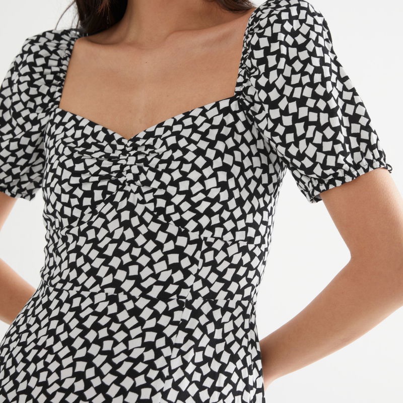 & Other Stories Black And White Flowy Puff Sleeve Midi Dress